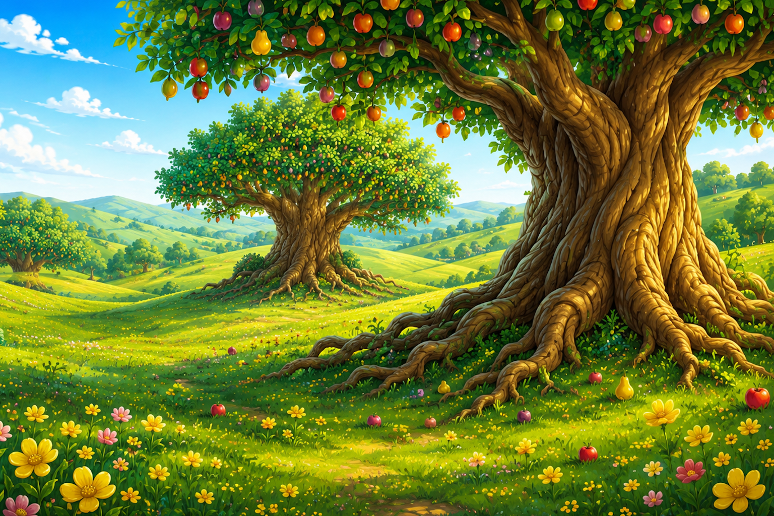 Hempshayla trees with colorful fruit growing across the rolling green hills of Zolliboo