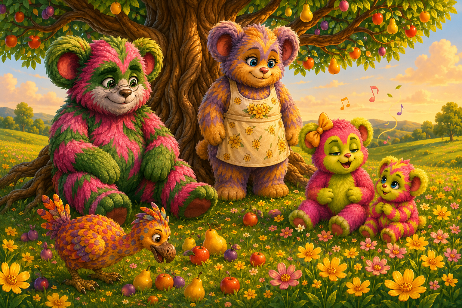 Father, Mama, Sarah, and Zach beneath the Hempshayla tree with a Spotted Seed Spreader in the Yellowhorn flowers, while a few colorful song notes drift through the air