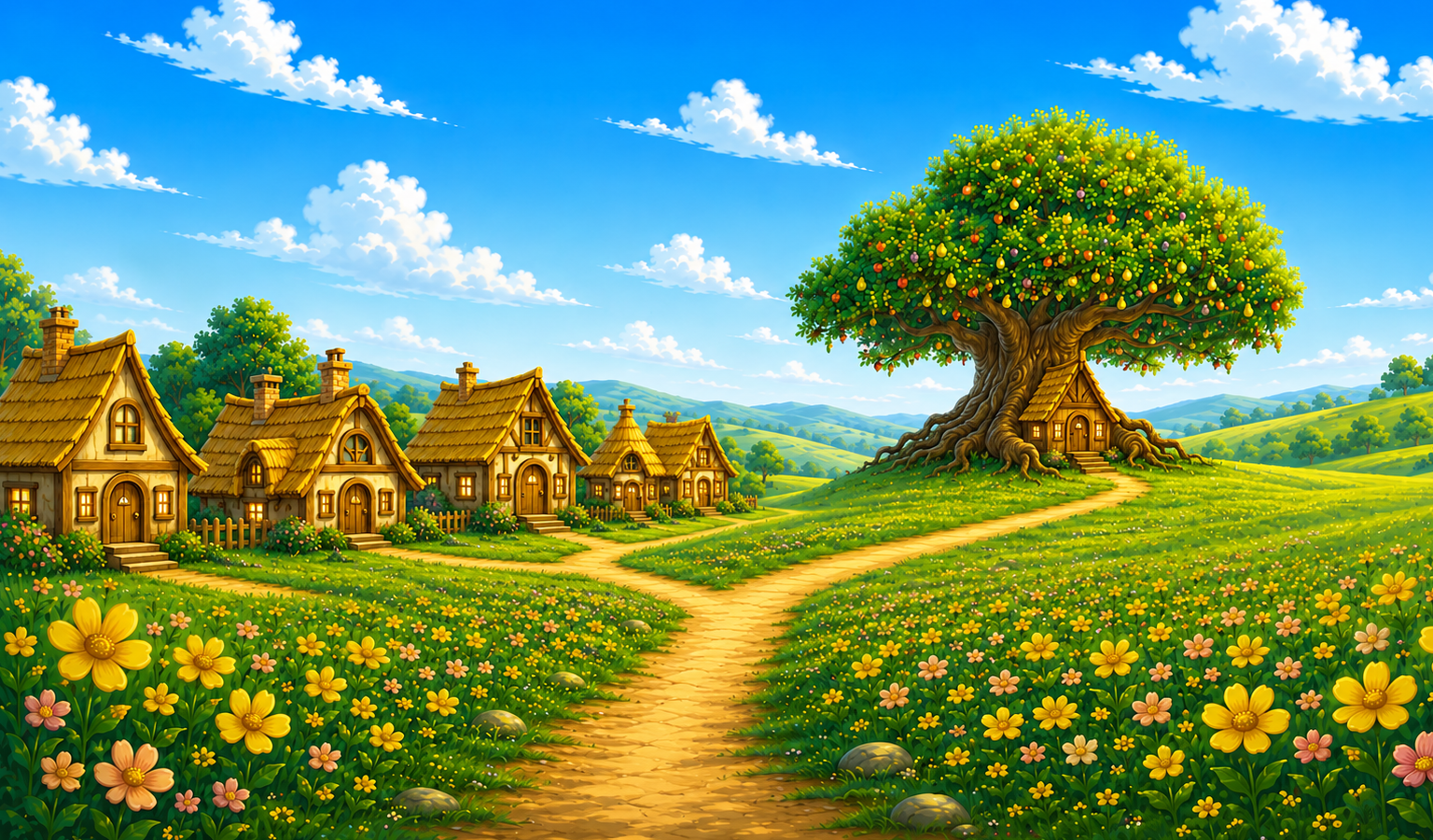 A path through Yumbledon Village leading past neighboring cottages toward the Zufflekin family’s Hempshayla tree and cottage